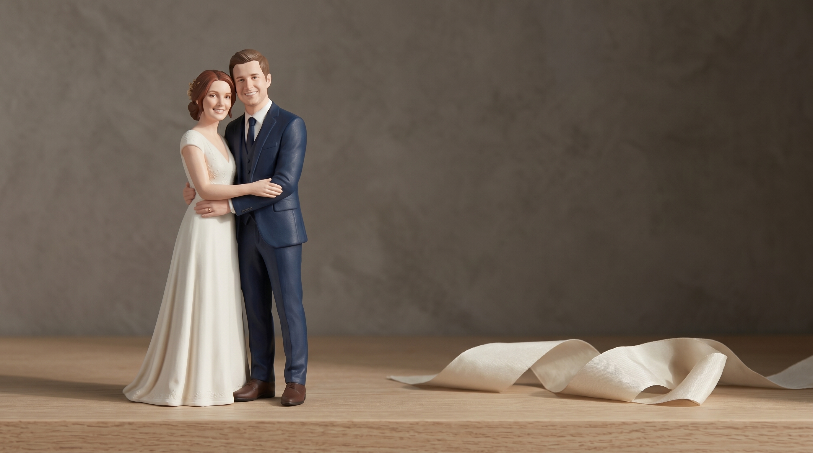 A finished cake topper of two people, kept on a shelf.