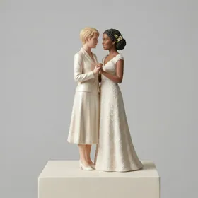 Custom wedding cake topper of two people in wedding dresses.