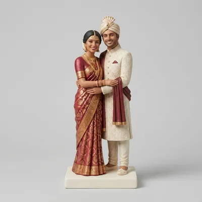 Custom wedding cake topper of two people in a saree and sherwani.