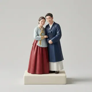 Custom wedding cake topper of two people in hanbok, kept on a shelf.