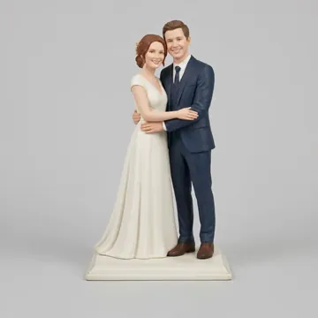 Custom wedding cake topper of two people in a western wedding dress and suit, kept on a shelf.