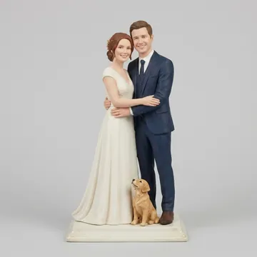 Custom wedding cake topper of two people with their dog, kept on a shelf.