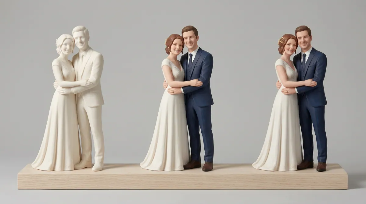 The same couple's topper, shown in single-color, four-color, and full-color finishes.