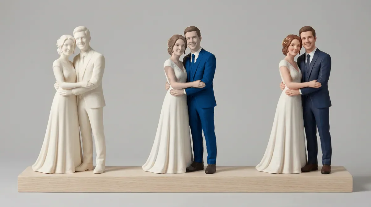 The same couple's topper, shown in single-color and full-color.